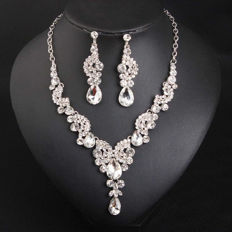 Crystal Women Statement Choker Bridal Necklace Earrings Jewelry Set Wedding Gift