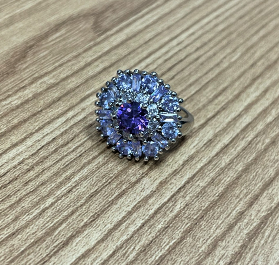 Vintage Lavender CZ Cluster Halo Cocktail Ring White Gold Tone Statement Estate