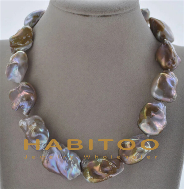 Huge 17″ 20mm Peacock-Lavender Baroque Keshi Reborn Pearl Necklace CZ