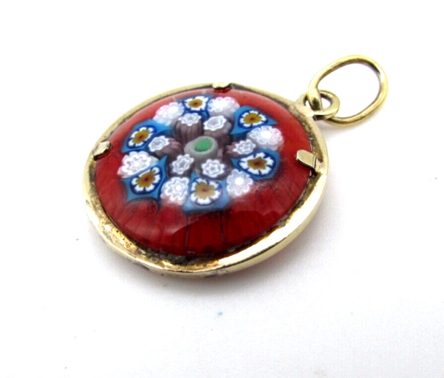 900 Silver Charm Pendant Micro Mosaic glass Red Flowers Murano? Italy Vermeil