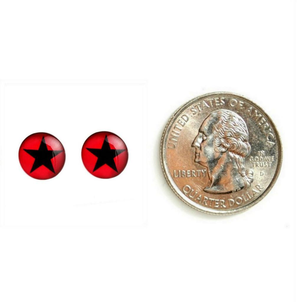STAINLESS STEEL STAR EARRINGS 10mm Black Red Round Circle Hipster Stud Post Pair