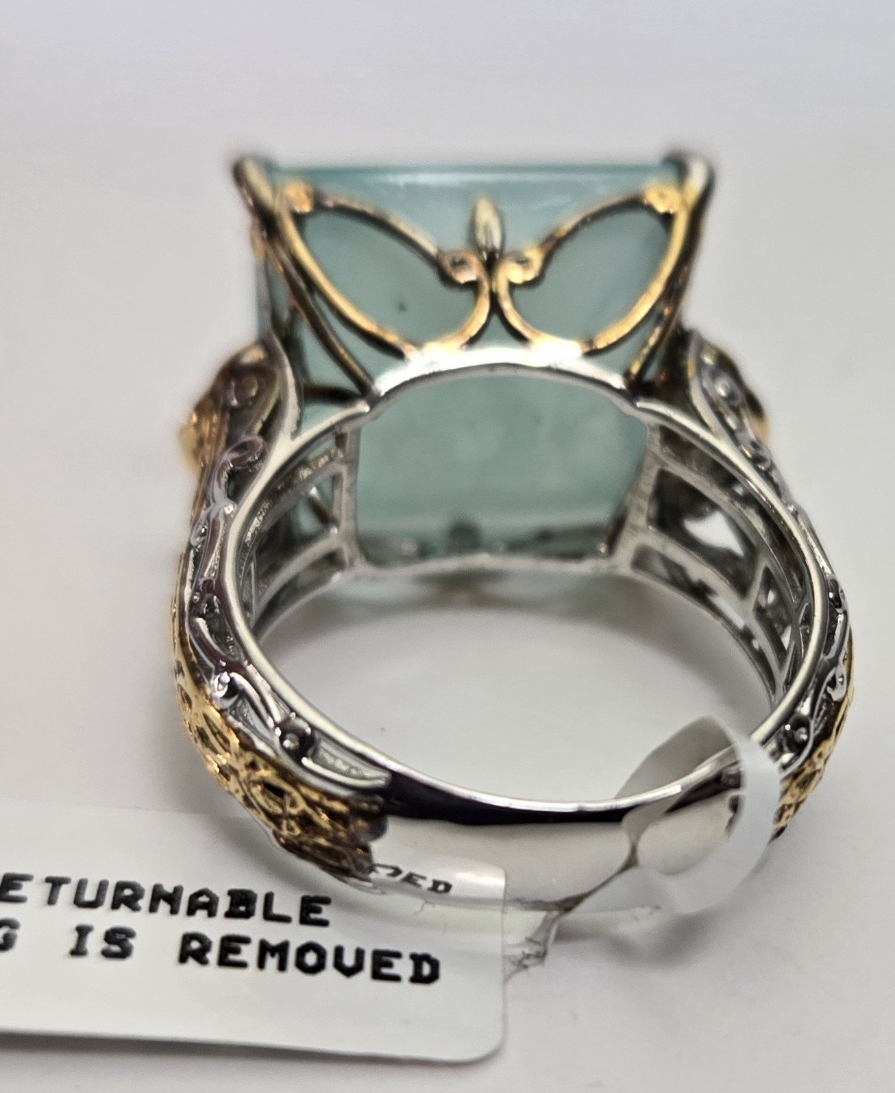 Vtg Gems en Vogue Princess Cut Seafoam Chalcedony, White Zircon Ring 925 sz 7.75