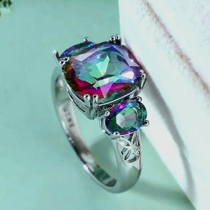 925 Sterling Silver Rainbow Mystical Fire Topaz Wedding Engagement Ring Size 9