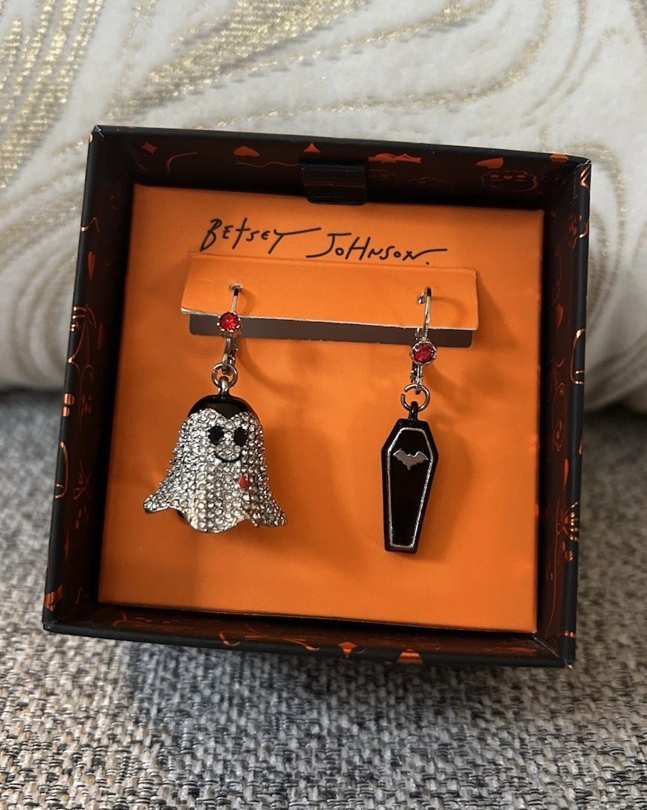Betsey Johnson Halloween Mismatch Pavé Vampire Ghost & Bat Coffin Drop Earrings