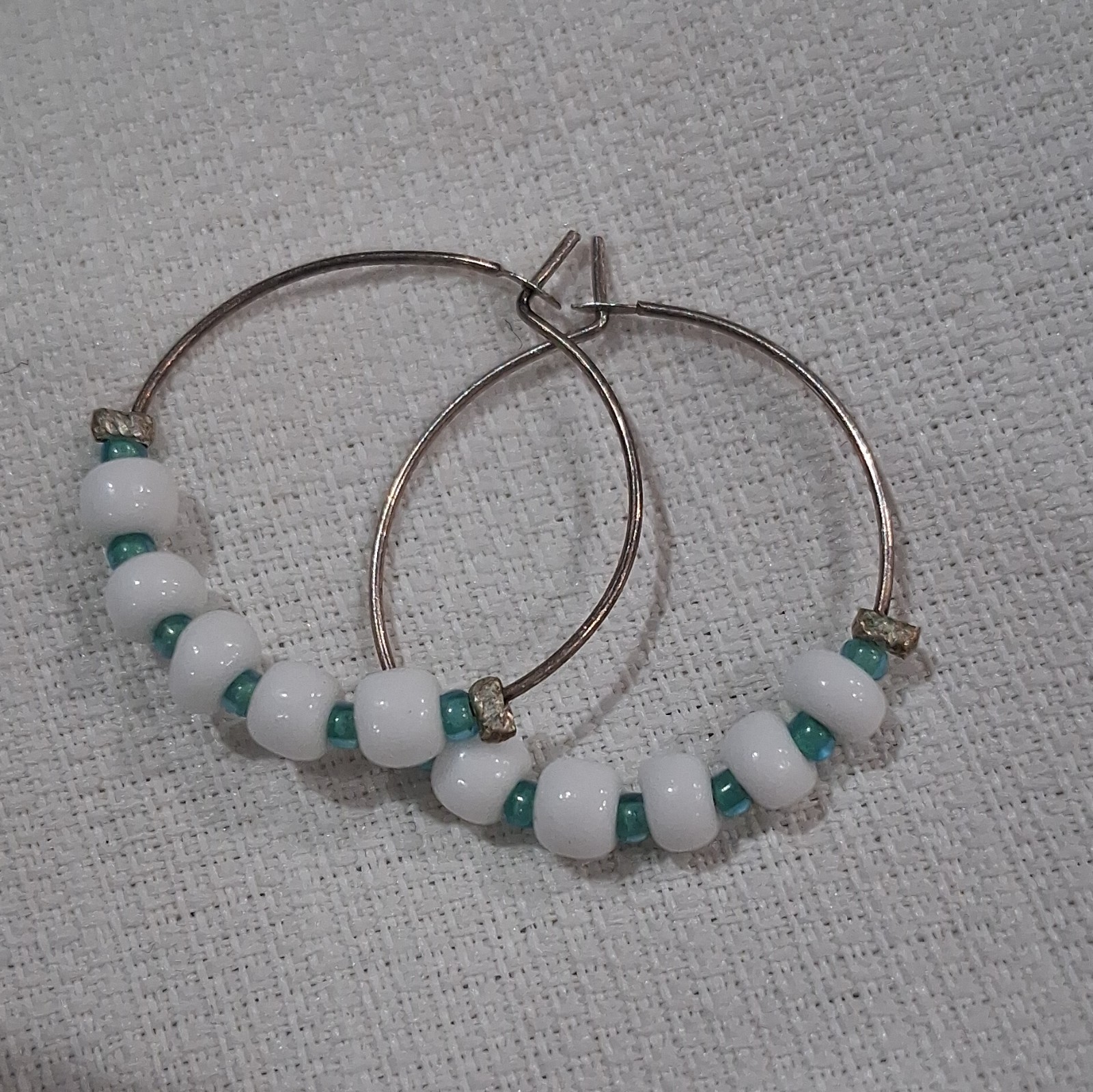Silver-Tone Beaded Hoop Earrings, White & Green Glass Beads, Hoop Wire