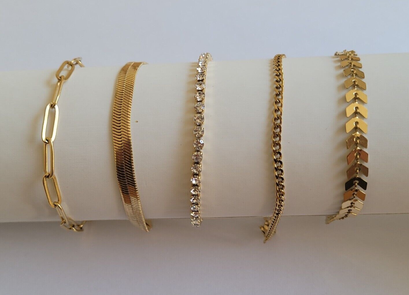 Gold Plated Stainless Steel Layered Bracelet Tennis Cuban Herringbone Paperclip