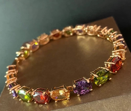 27 CTW Multicolor Gemstone Tennis Bracelet 18K Rose Gold Plated Women Jewelry