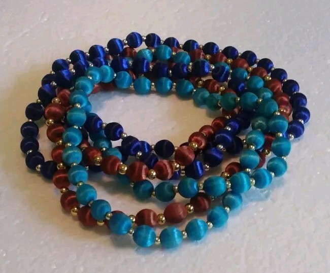 3 Necklaces Made W/ Silk Satin Thread Over Round Beads 28″ In Teal, Navy & Brown