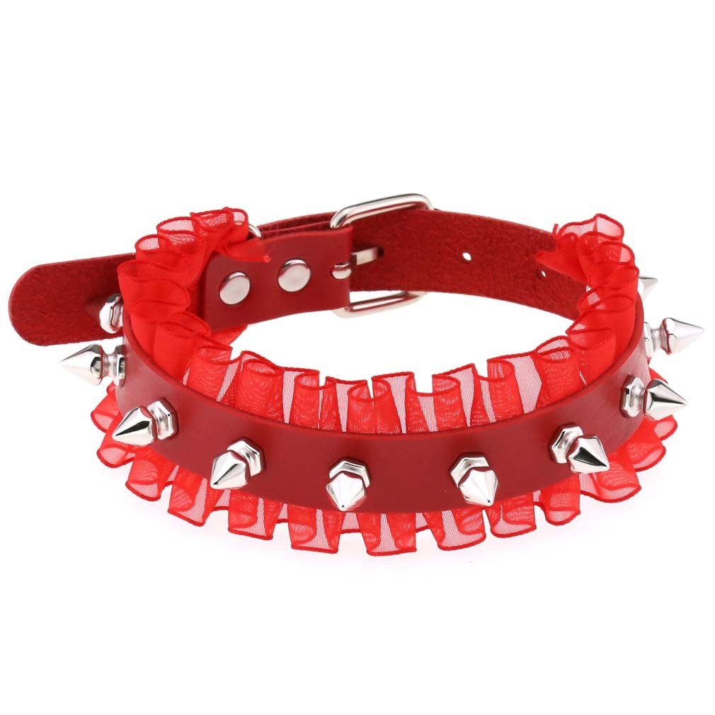 4 Colors Exotic Spiked Necklace Collar Studded PU Leather Choker with Lace Trim