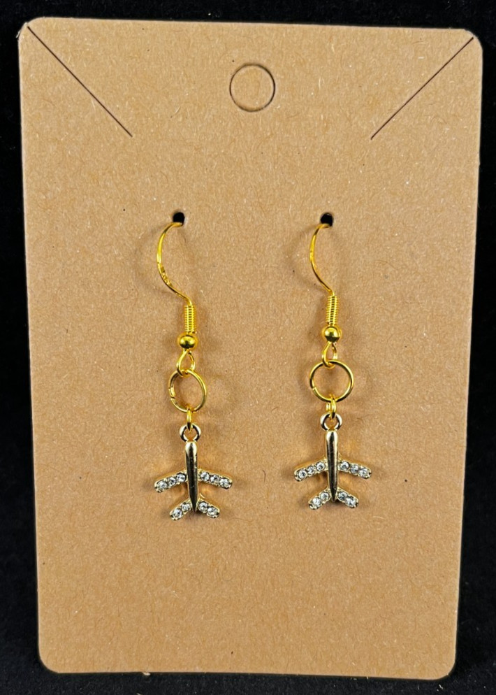 Gold Sparkly Airplane Earrings – Dangle – Travel – Gold Hooks – Handmade