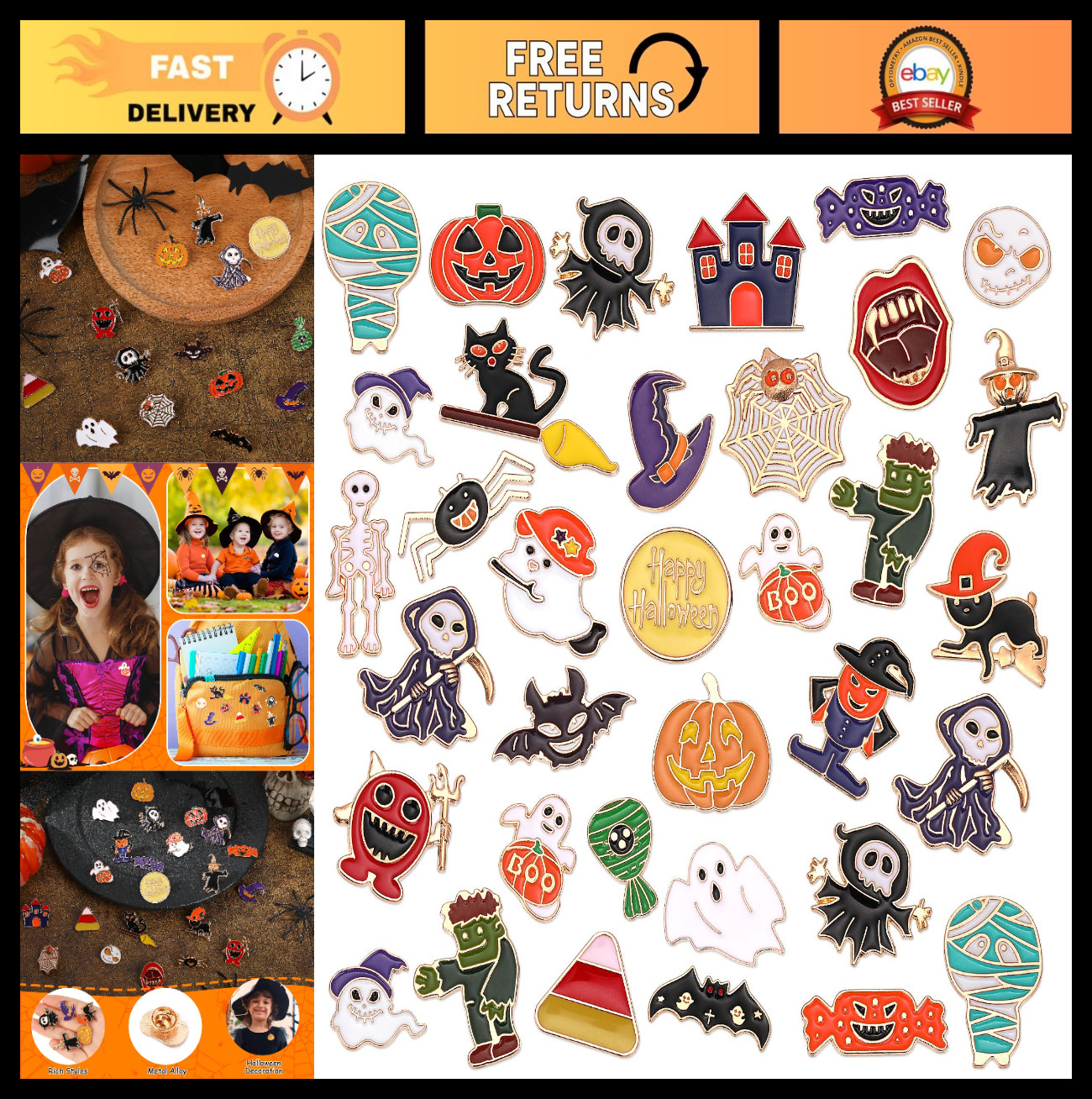 60Pcs Halloween Enamel Pins Set – Assorted Pumpkin, Ghost, Bat, Spider & Skeleto