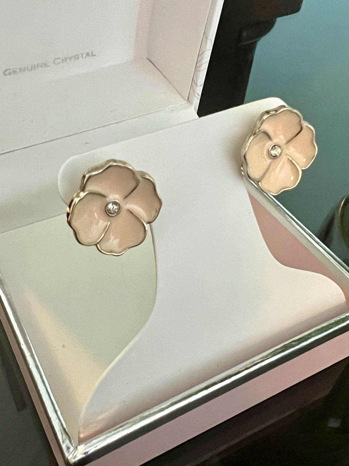 Pink Enamel Flower Stud Earrings – Clear Crystal Center, Butterfly, Nickel-Free