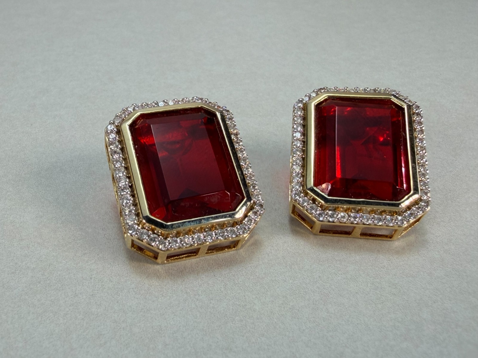 Ruby Red Emerald Cut Crystal Halo Stud Earrings Gold Tone Glam