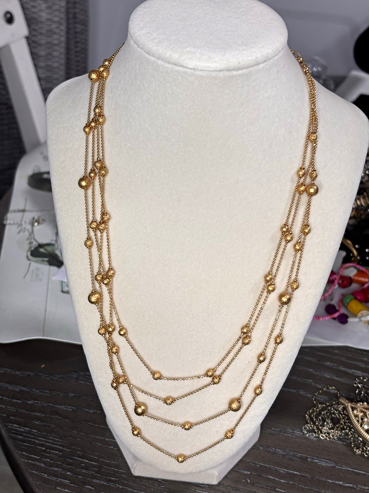 Gold-Tone Metal Multi-Strand Layered Station Ball/Bead Chain Necklace