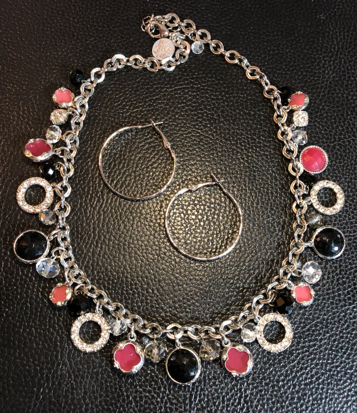 Silver Black Pink Crystal Clover Charm Necklace WHBM + Hoop Earrings Lot 8468