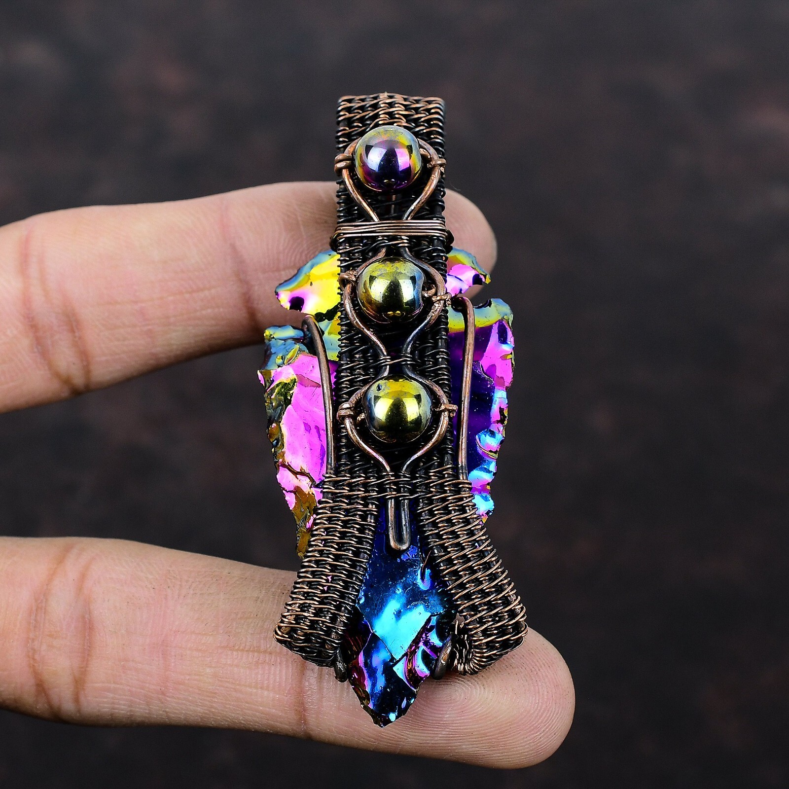 Titanium Druzy Wire Wrapped Pendant Handcrafted Copper Valentine Gift 2.99″
