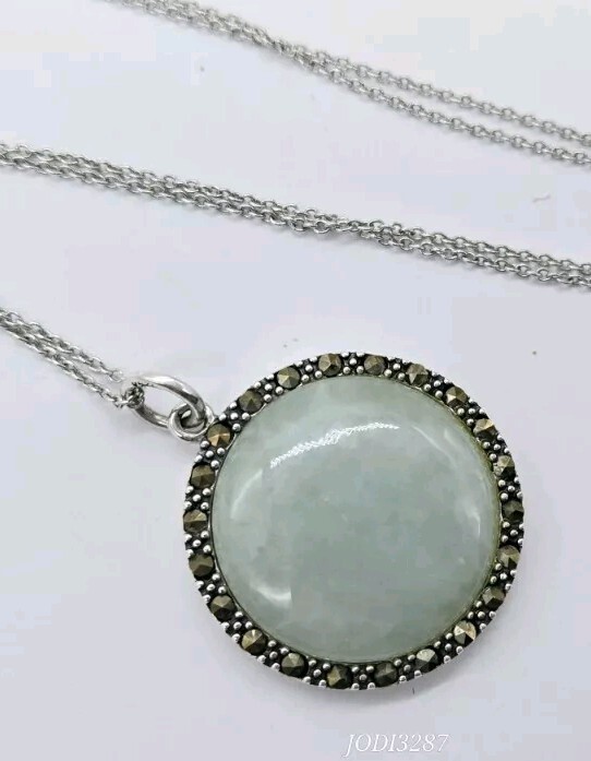 Sterling Silver Pendant Necklace 925 MARCASITE Dyed Jade HARMONY reversible 18″