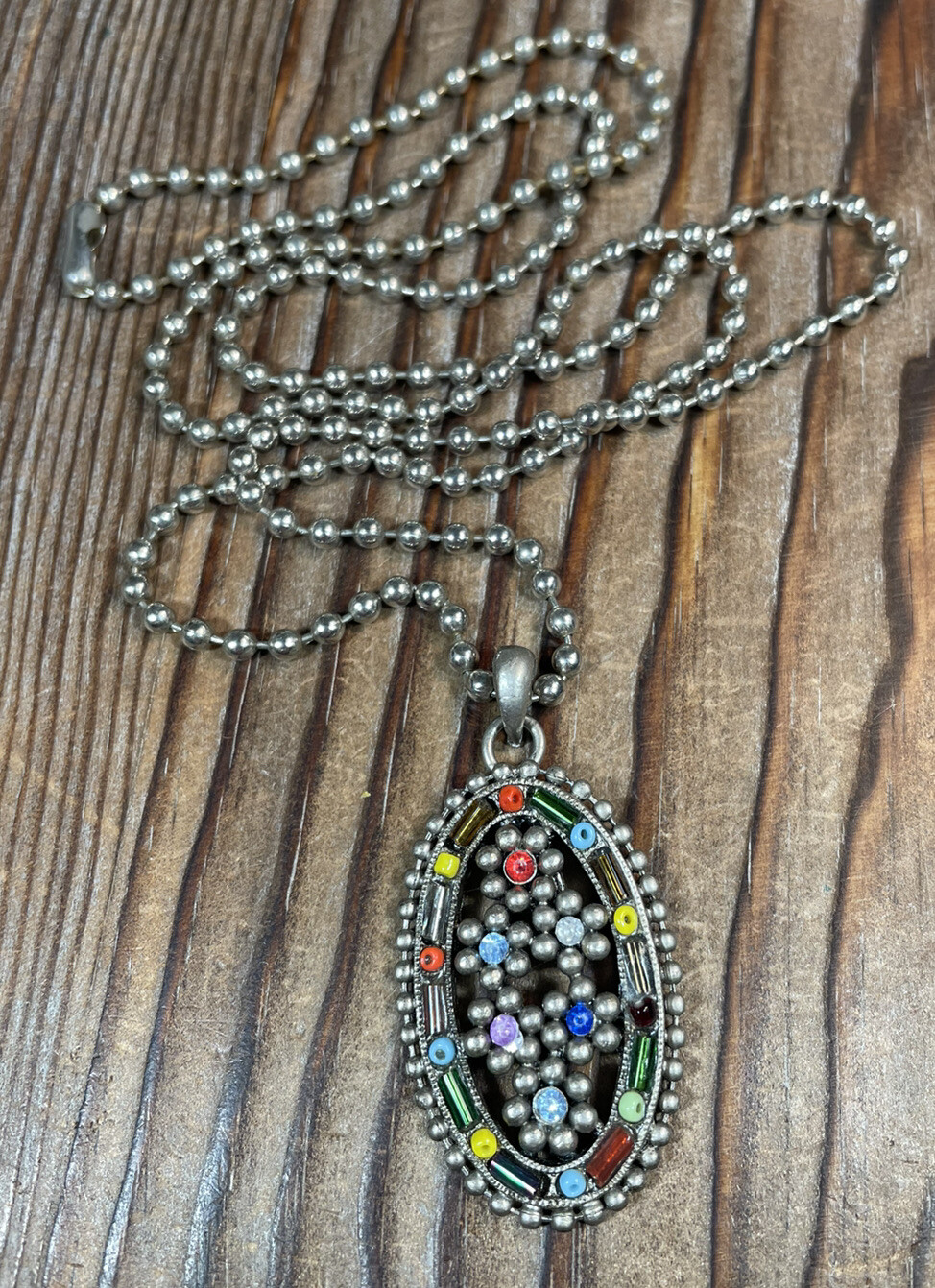 Multicolor colorful pendant necklace beaded , ball 30” chain Silver Tone