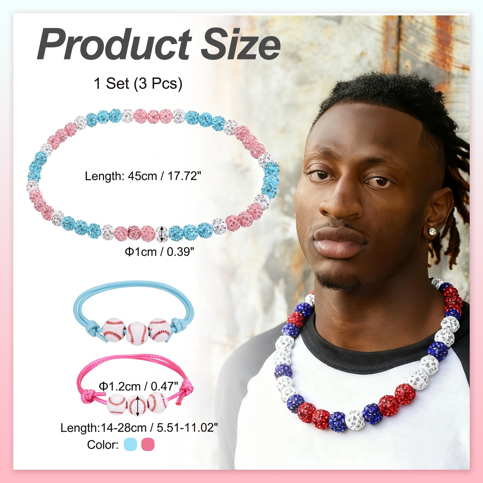 3Pcs, Baseball Necklace 18″ Bling Beaded Chain Bracelet Pink/Green
