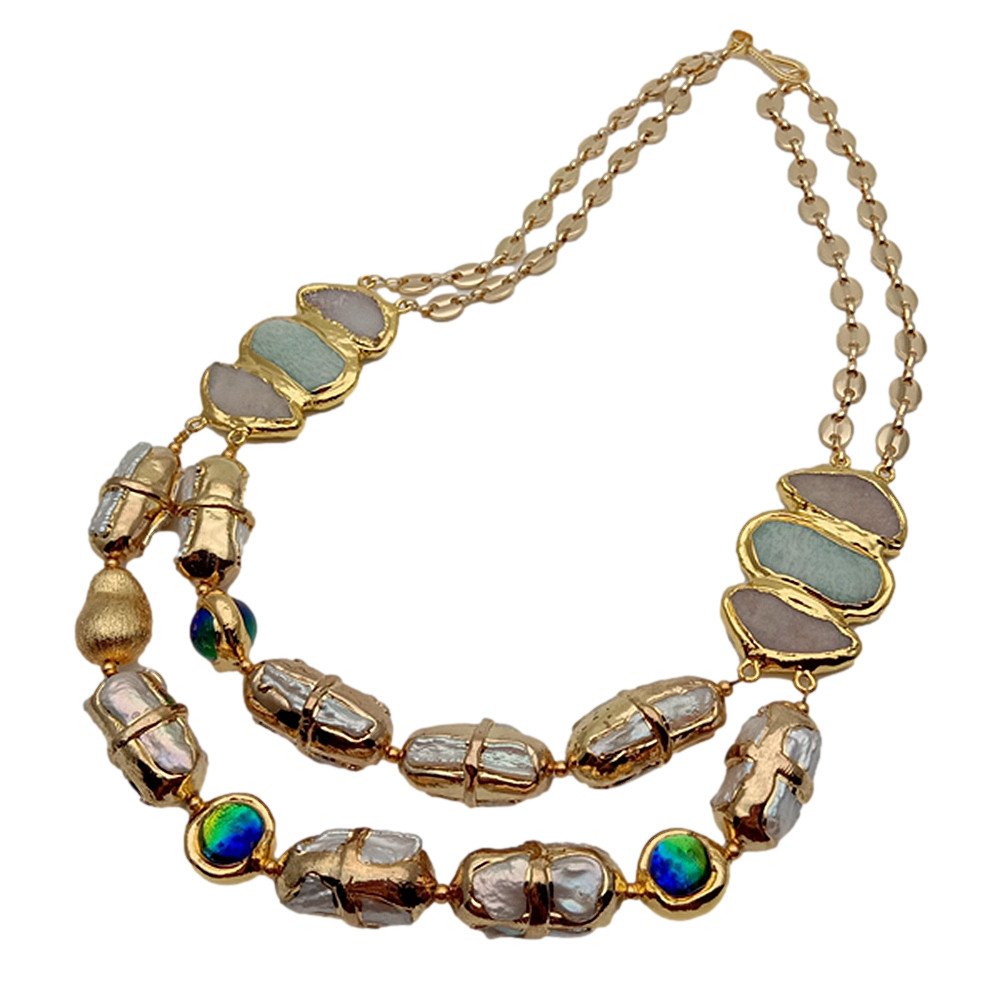 2 Rows Cultured Freshwater Biwa Pearl Amazonite Druzy Murano Glass Necklace 21″