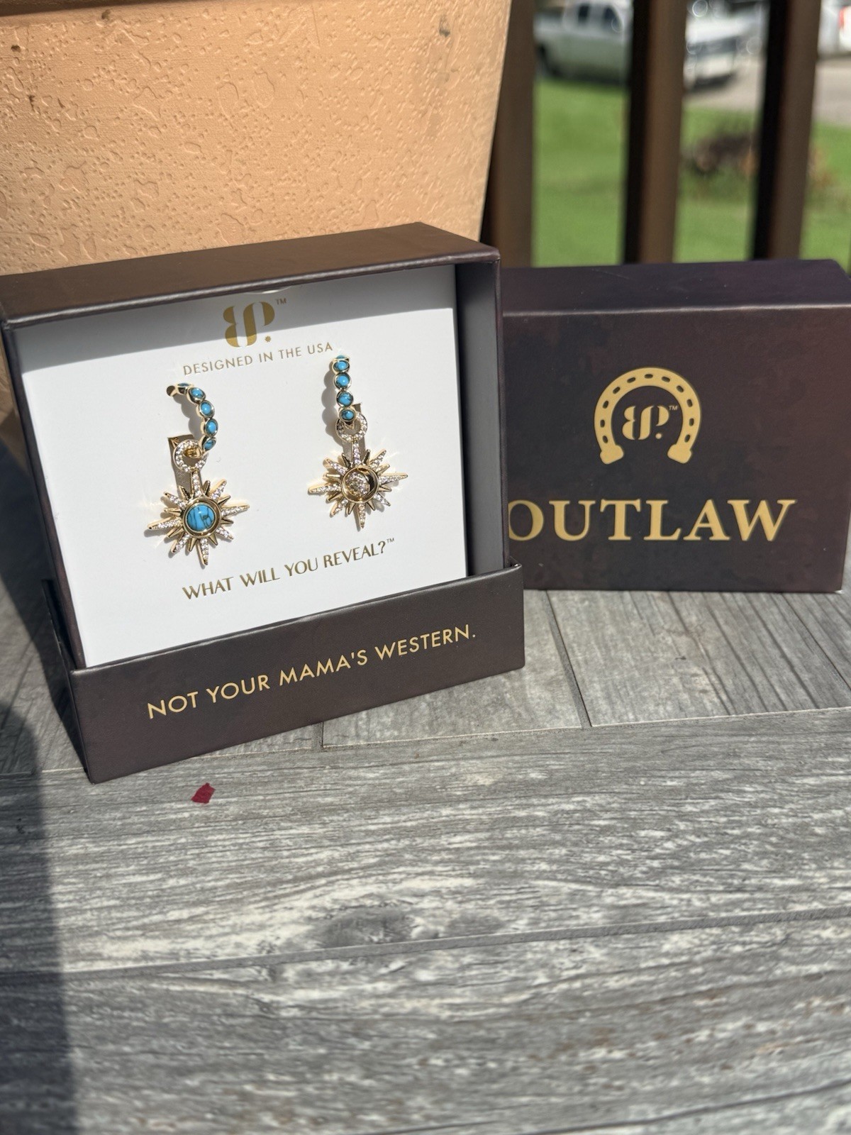 Bomb party Outlaw Grit & Glamour Gold Earrings Turquoise CZ Removable charm