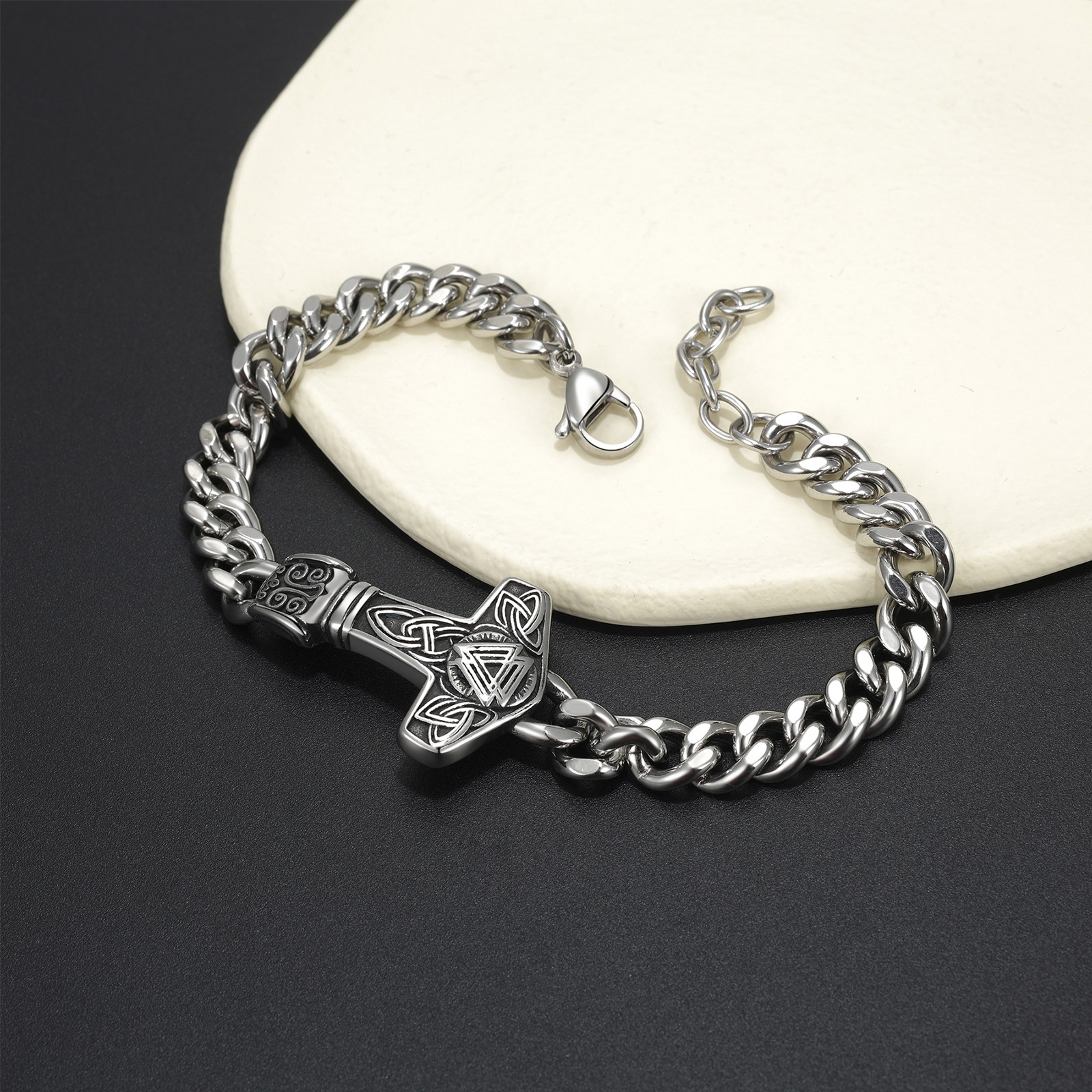 Men Thor Hammer Cuban Link Bracelet Stainless Steel Retro Viking Mythology Chain