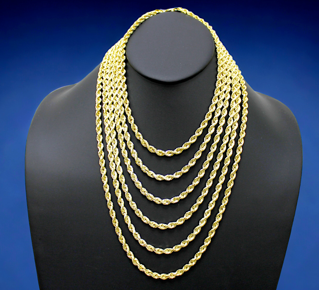 14K Yellow Gold Solid Rope Chain Necklace Diamond Cut Real Gold 1mm-12mm 16″-30″