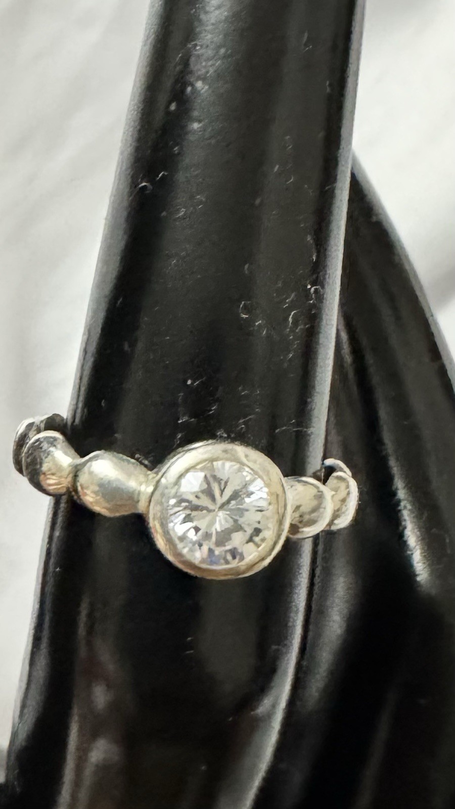 Sterling Silver Bezel-Set• Clear Round CZ Stone Beaded Band • Ring Size 5.75