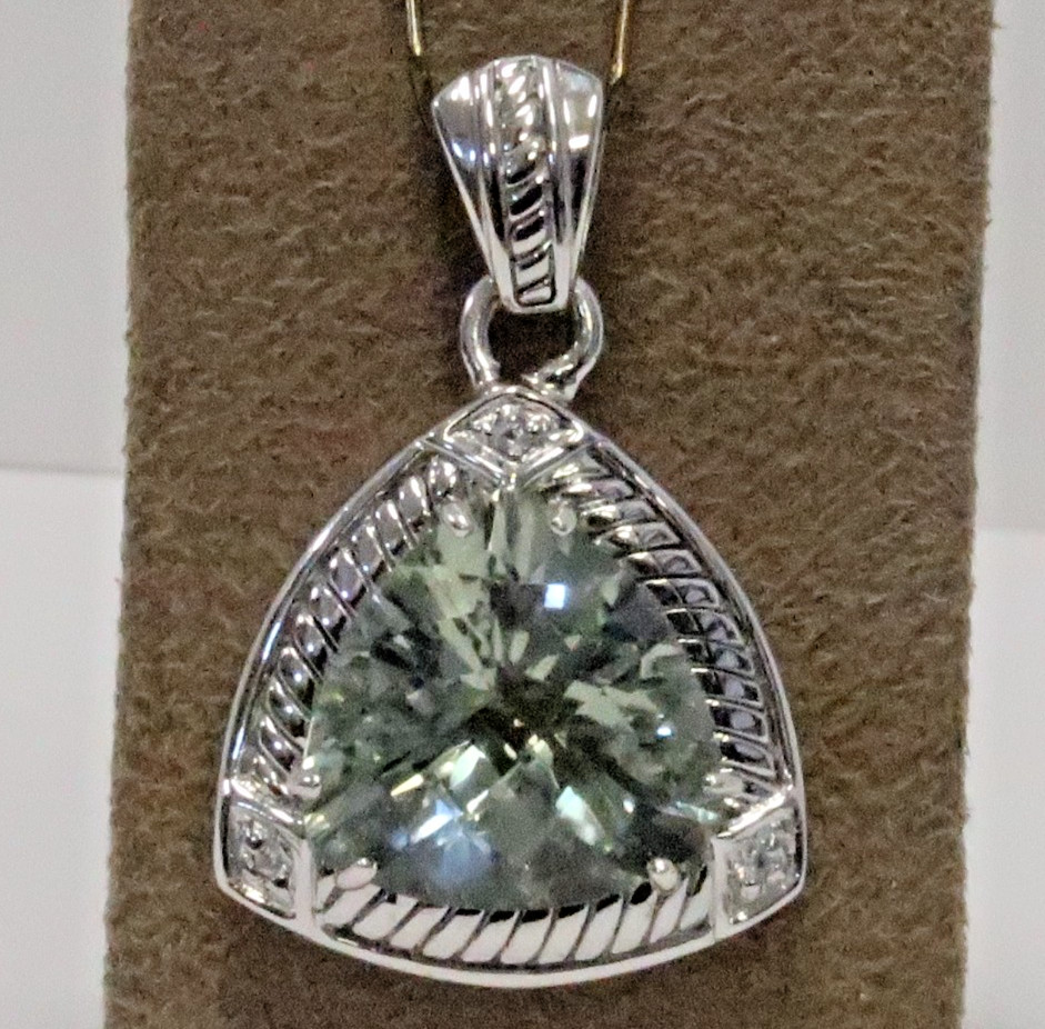 STERLING SILVER TRILLION CUT GREEN QUARTZ & WHITE SAPPHIRE PENDANT 1-3/8″
