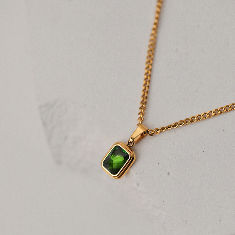 Woman 18K Gold Plated Stainless Steel Simulated Green CZ Chain Necklace