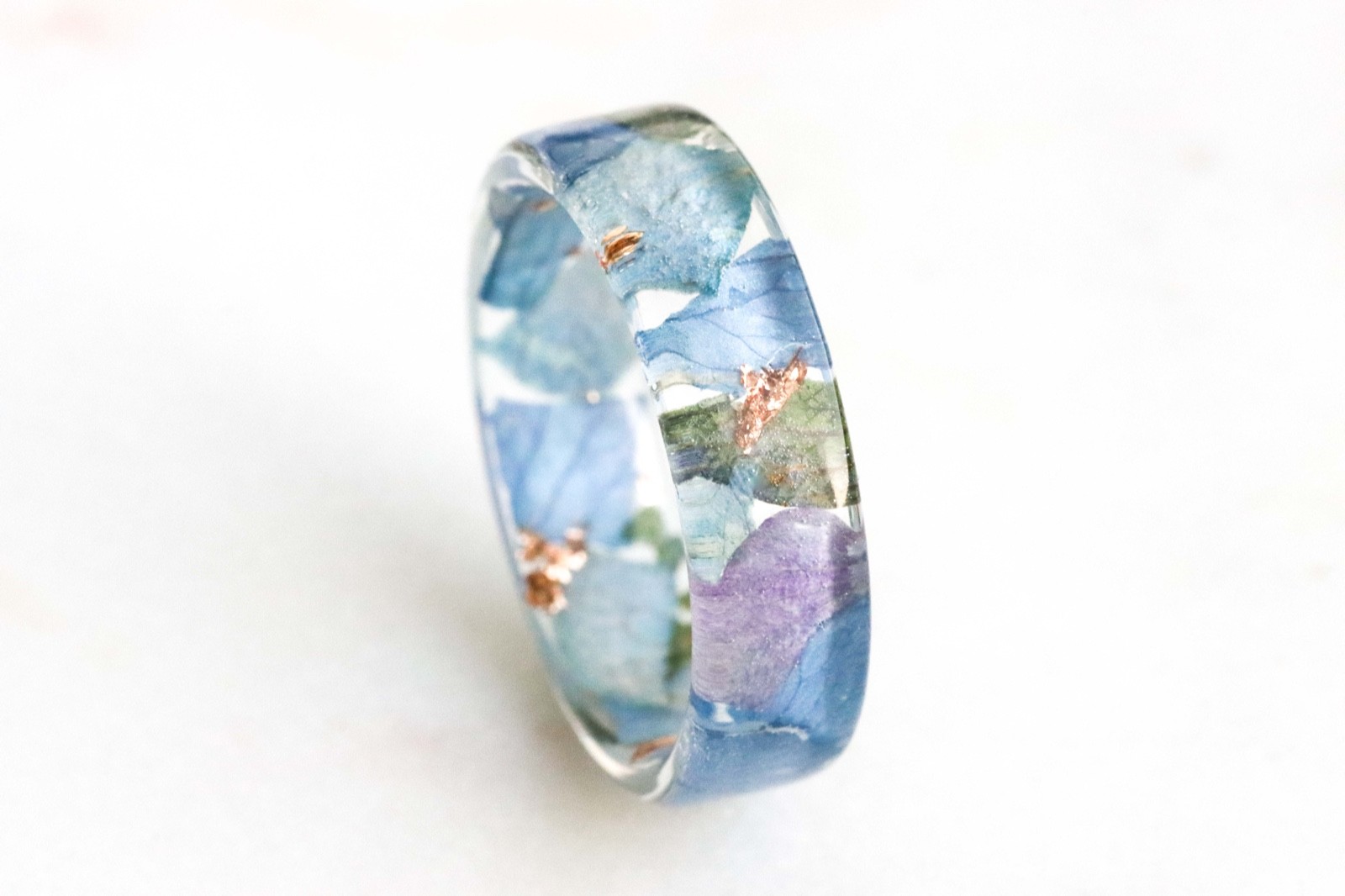Hydrangea Ring With Real Blue Purple Petals, Nature Inspired Resin Ring