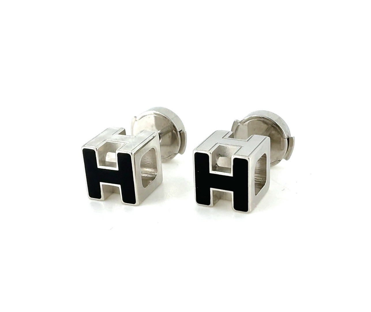 Hermes H Cube Square Stud Earrings Pair Silver Tone Black Enamel