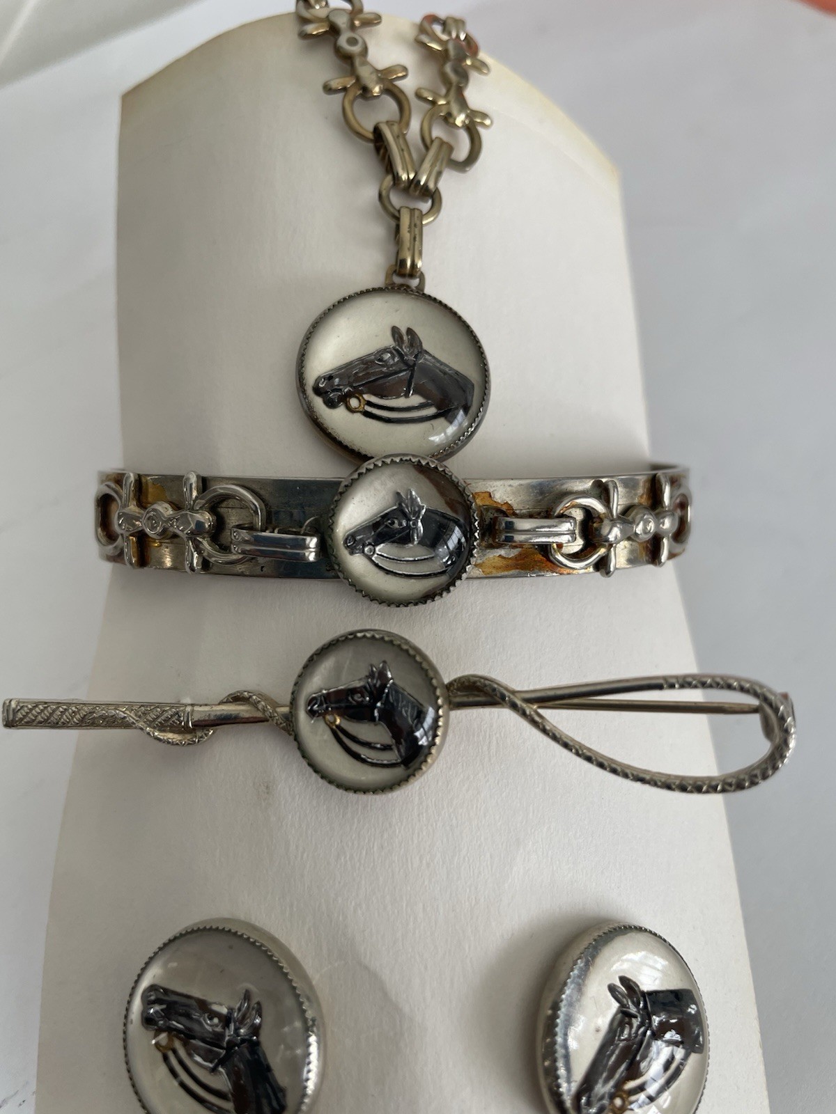lot of 4 piece set equestrian jewelry concave glass reveres hand painted pendant