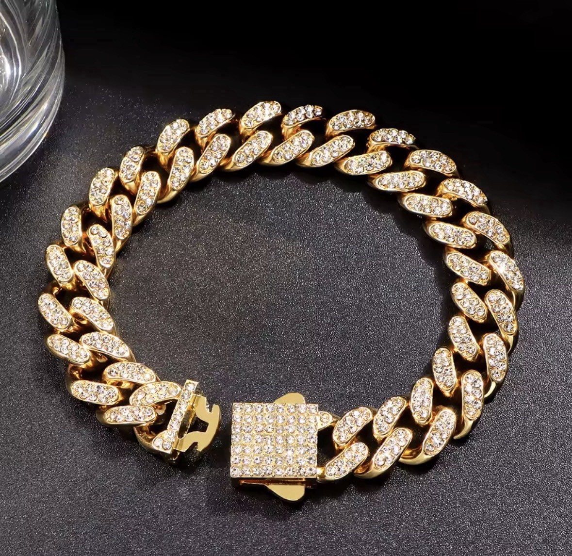 Gold Cuban Link Chain Bracelet Pavé Round Crystal Box Clasp 20 cm