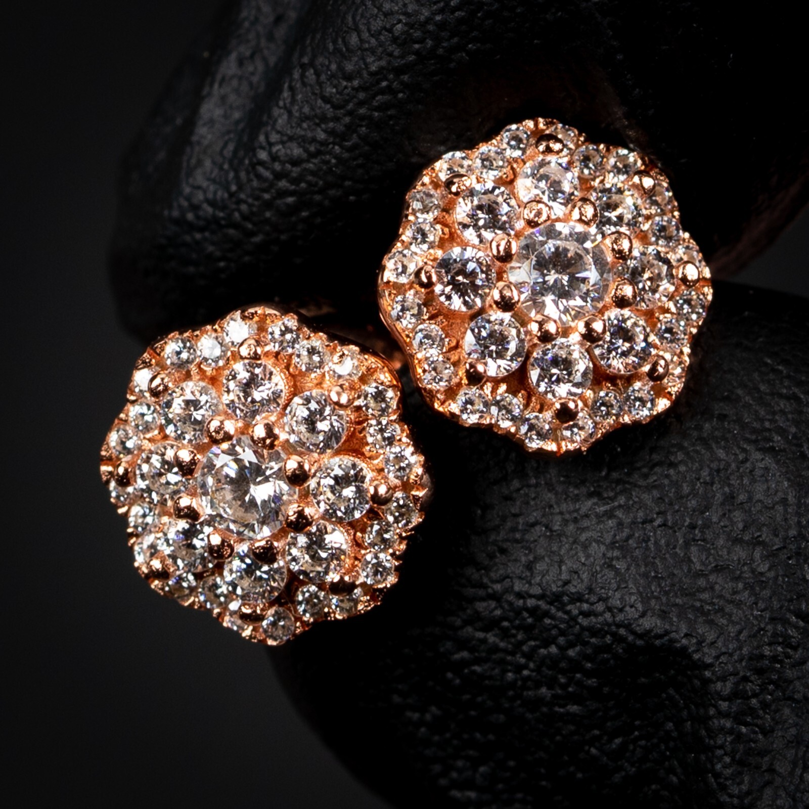 Rose Gold Sterling Silver Screw Back Post Flower Cluster Hip Hop Stud Earrings