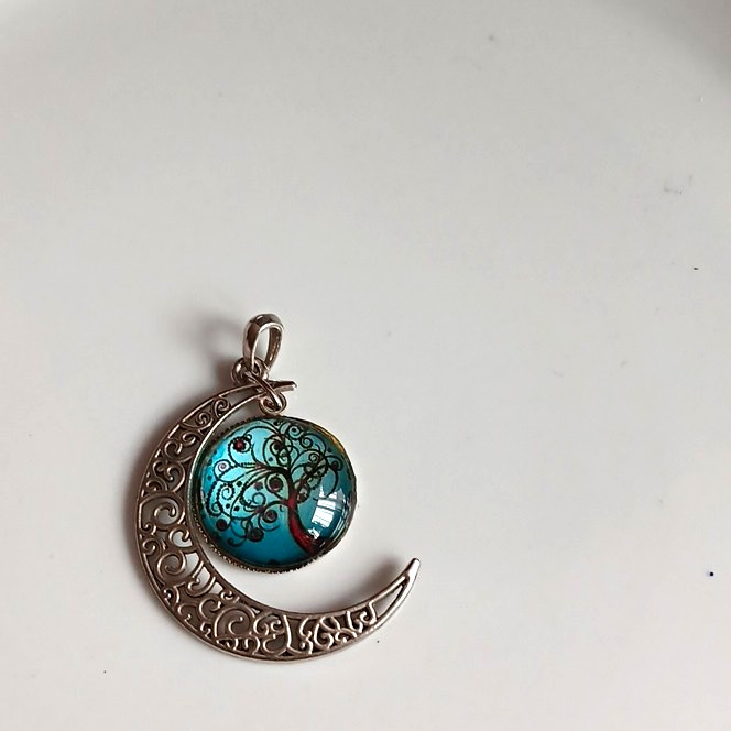 Silver Tone Crescent Moon Tree of Life Pendant Charm Blue Round Cabochon