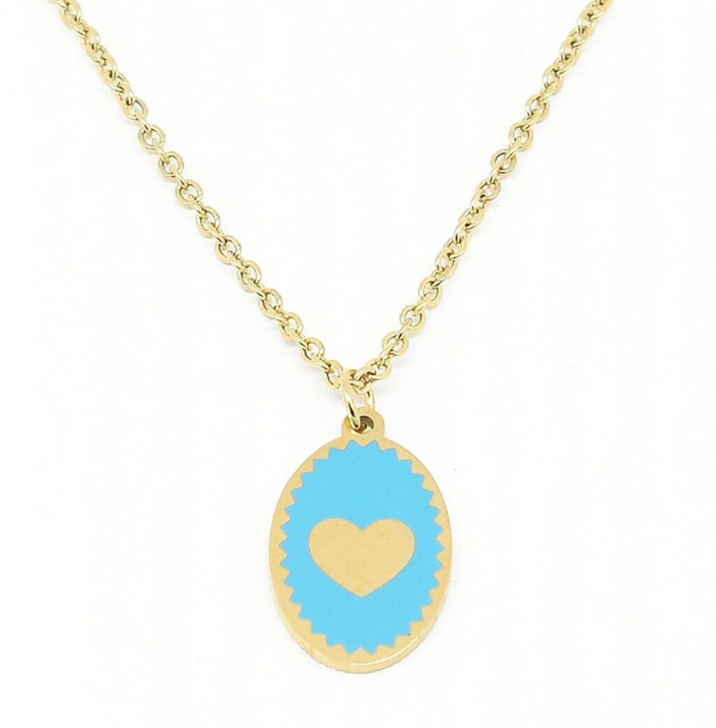 Women Gold Plated Titanium Stainless Steel Enamel Oval Heart necklace 18-20″