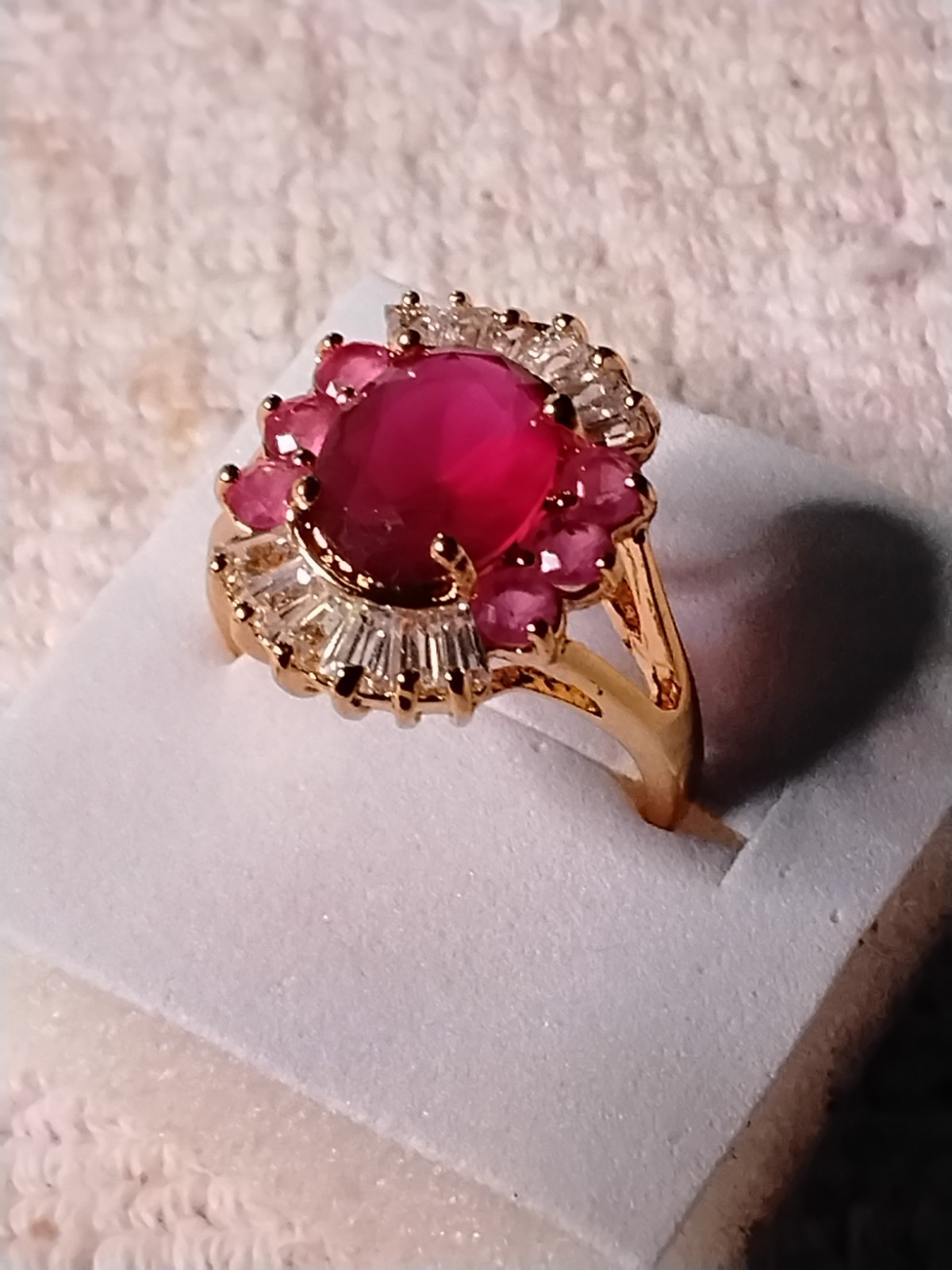 Ruby Red CZ Cluster Ring. Set In 18kt Yellow Gold Plated Mounting. Size 8