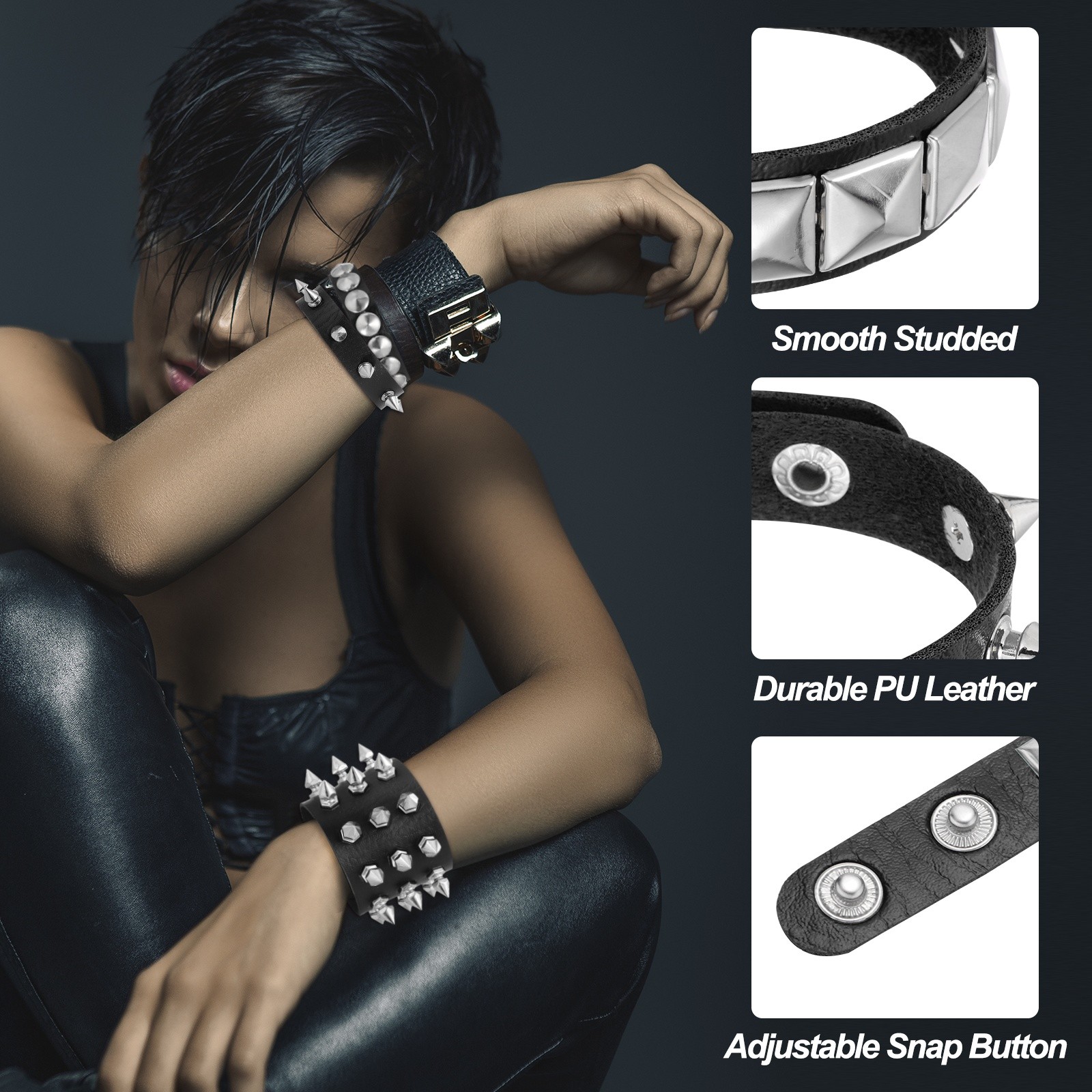 9Pcs Rock Punk Studded Bracelet Set 8.7″/22cm Adjustable Bracelets Light Blue