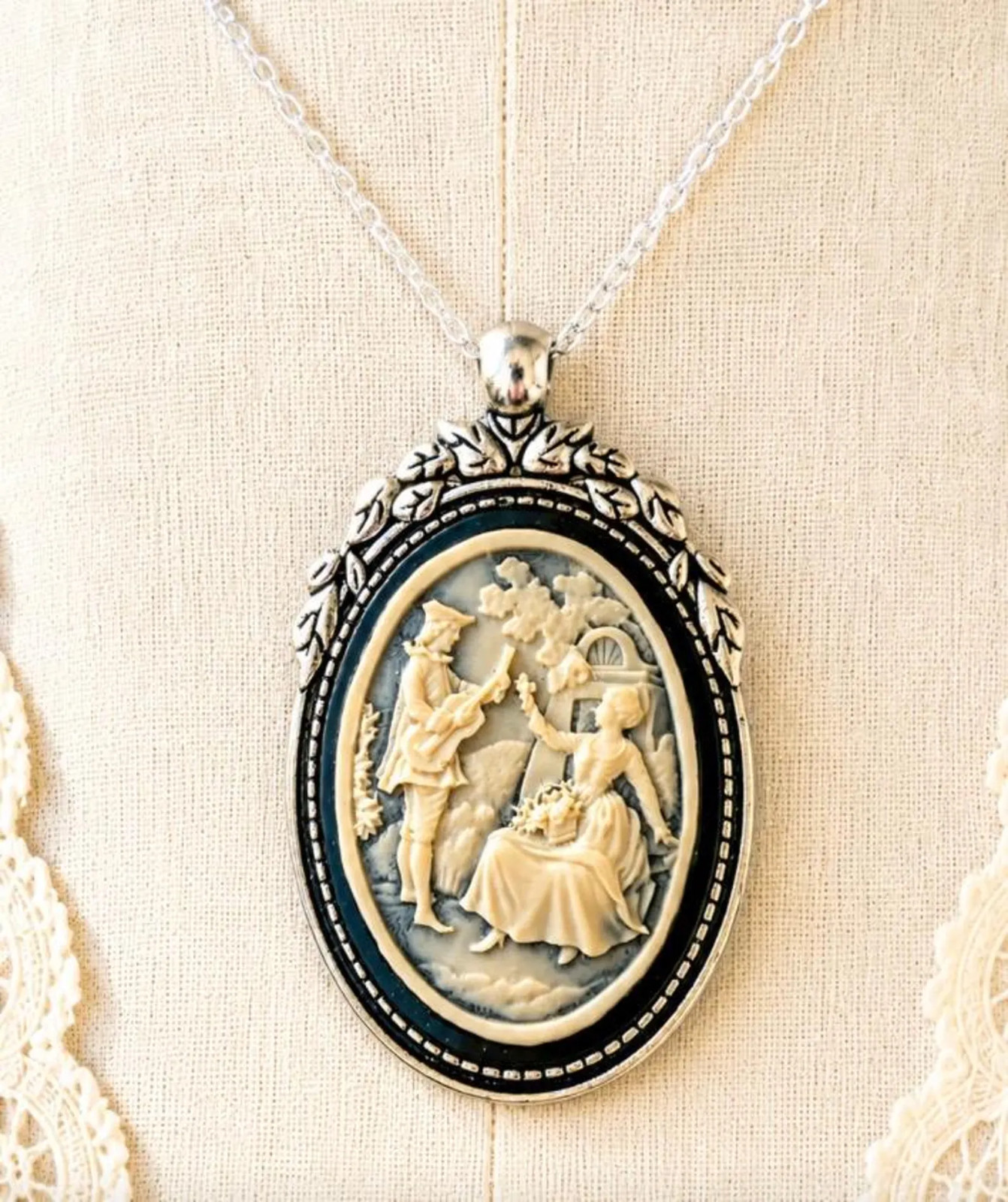 Victorian Courting Couple Cameo Necklace Black Ivory Silver Romantic Pendant
