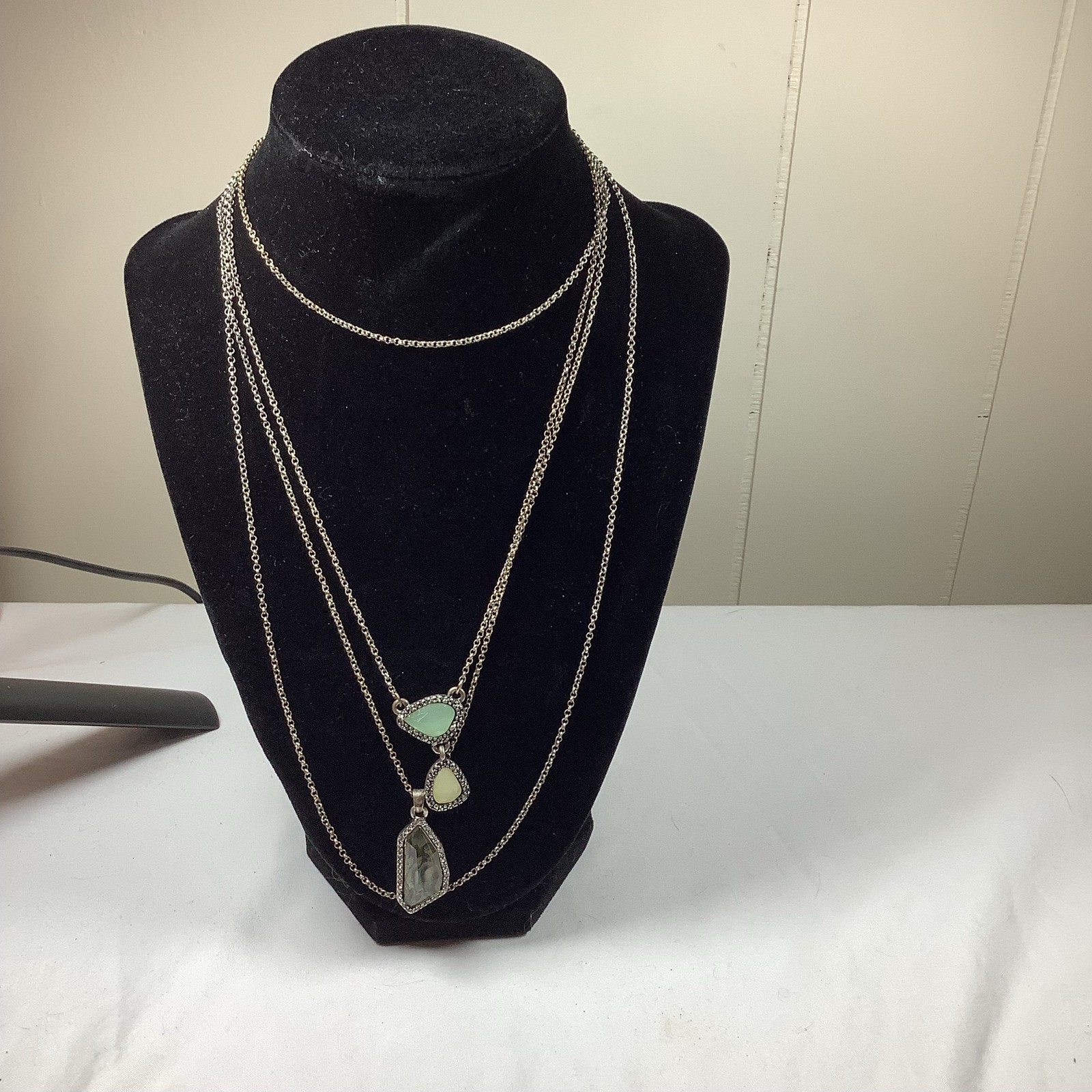 Layered Necklace Silver Tone Multi Strand Green Grey Stone Pendant Boho