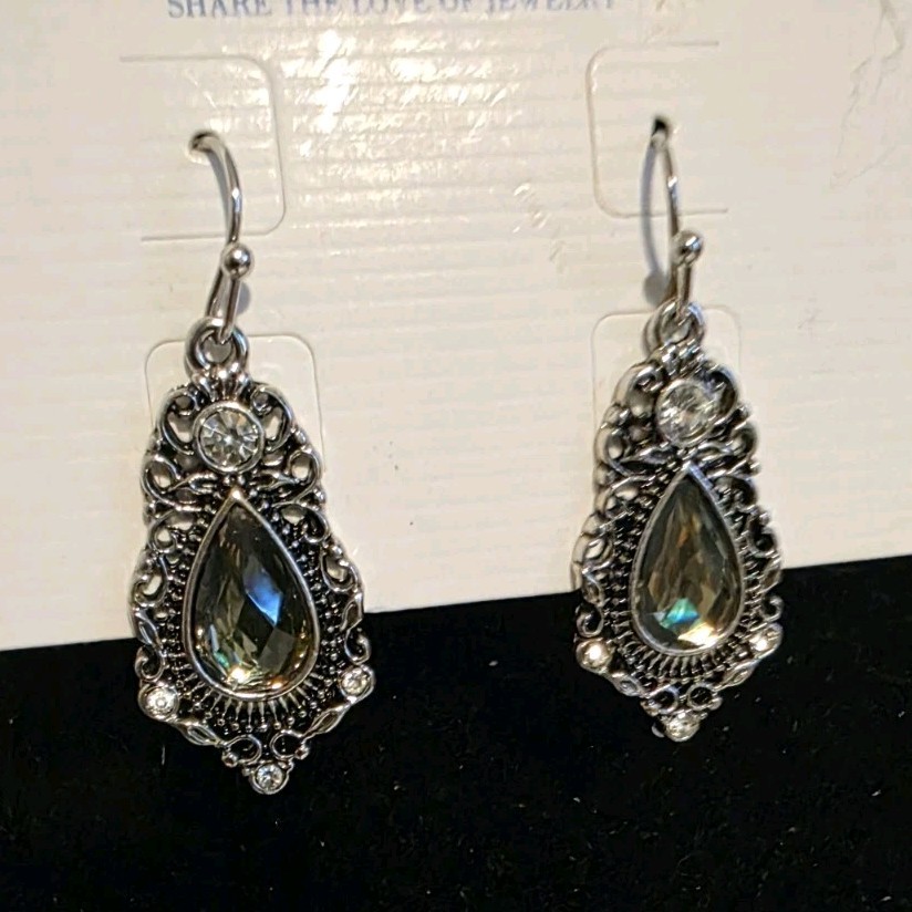 lia sophia Silver Tone Teardrop Gray Simulated Crystal Dangle Earrings Hook