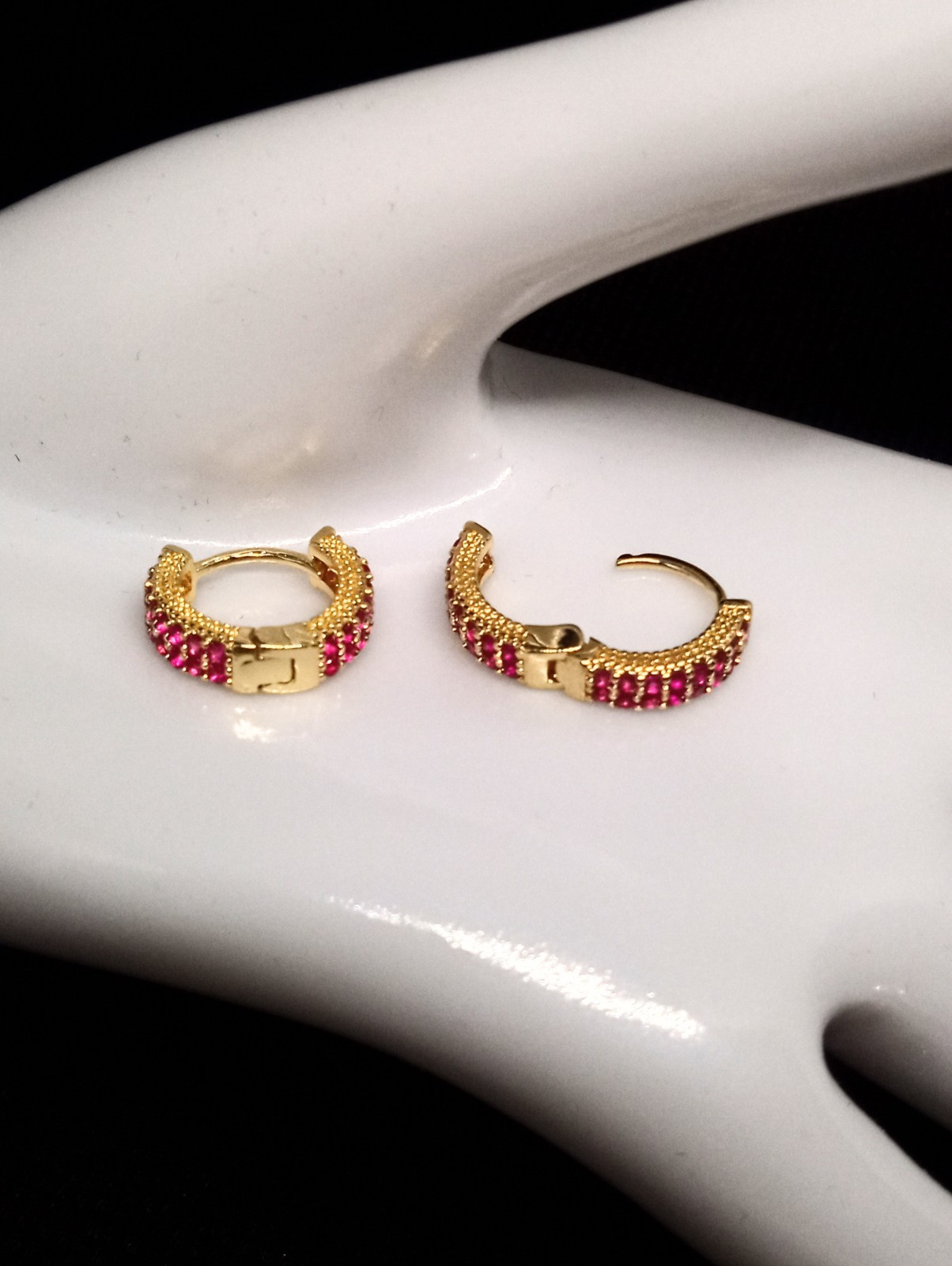 Ruby Red Pave Cubic Zerconia Gold Plated Huggie Earrings NWOT Fall ’25