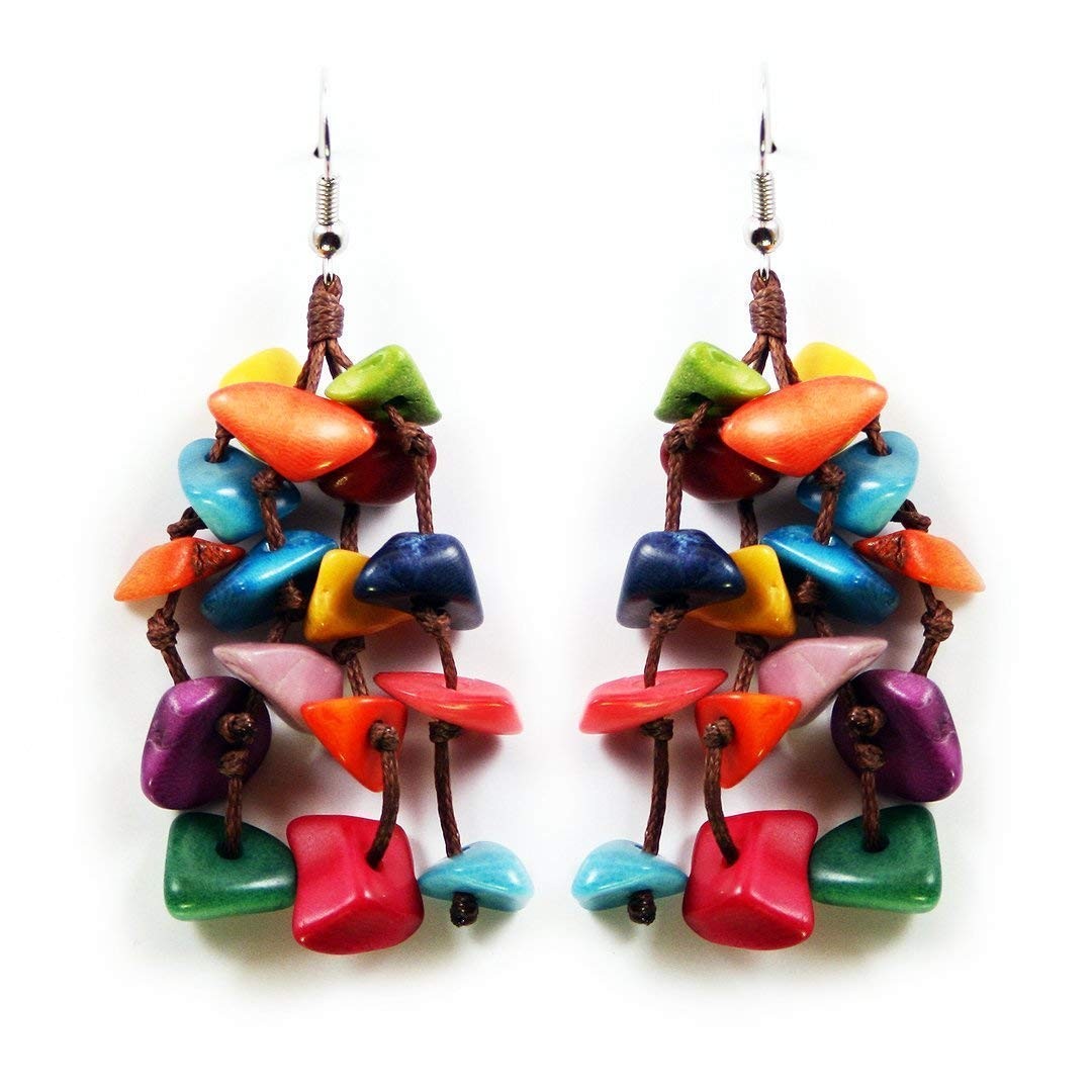 Tagua Earrings Multicolor Tassels Handmade Fair Trade, Lightweight, by