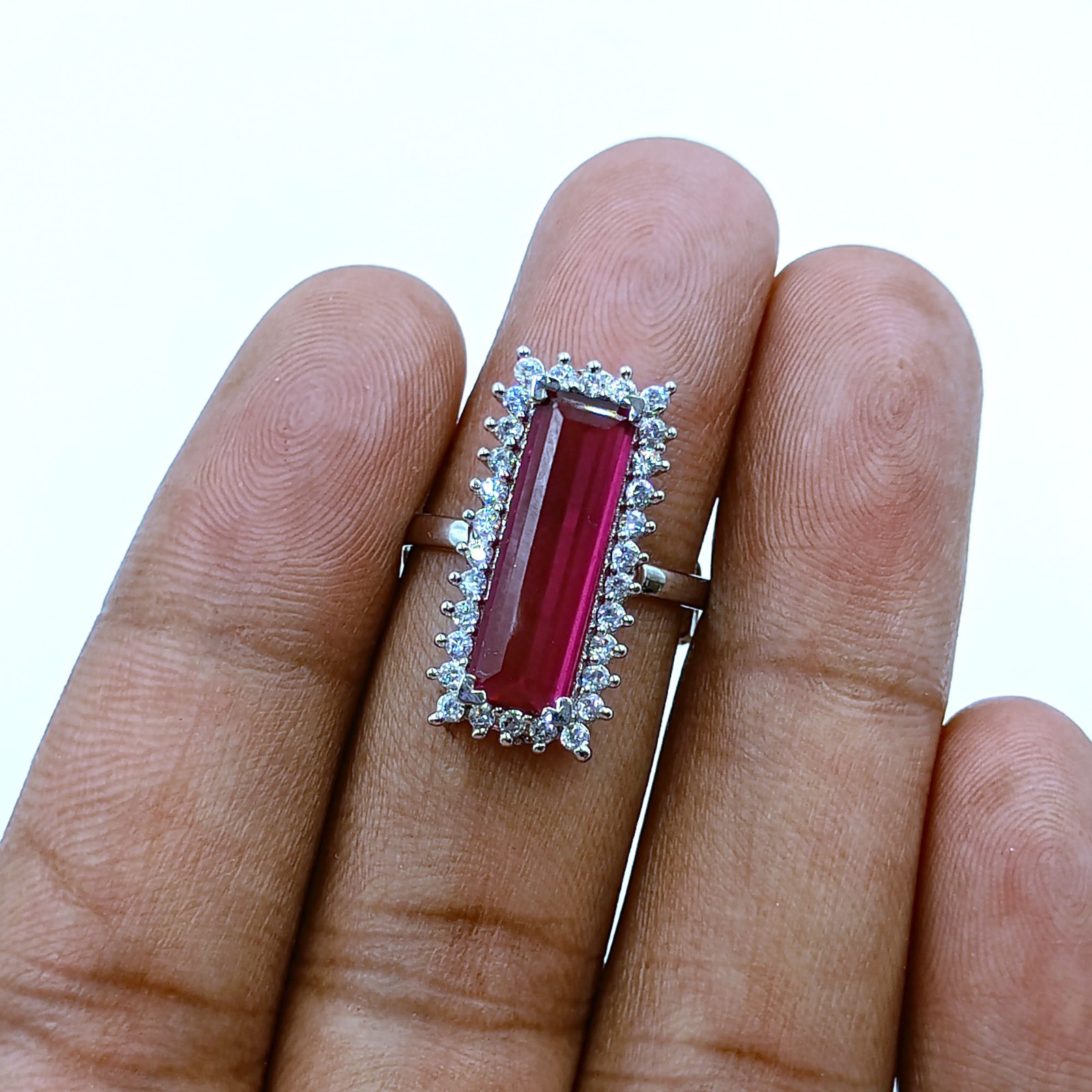 Womens Red Baguette Halo Ring Adjustable Band White Plated Wedding Jewelry