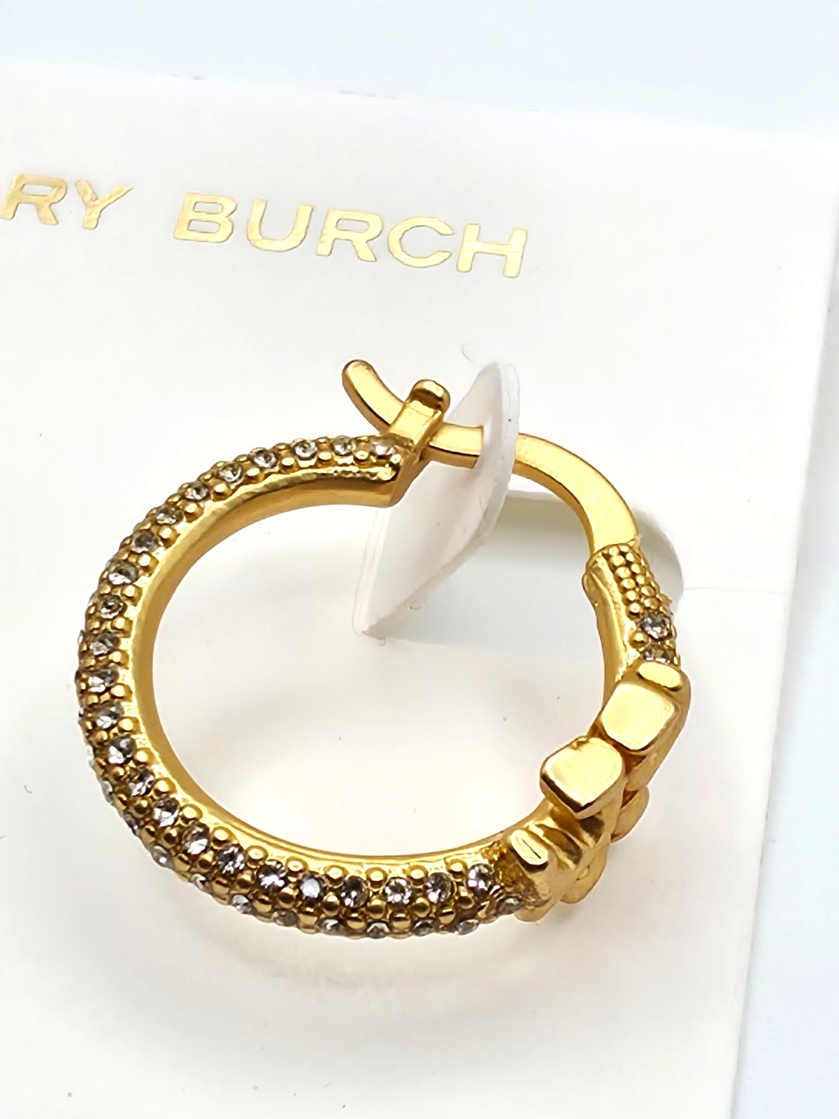 Tory Burch Small Gold Tone Pavé Hoop Earrings Double T Logo 21mm New