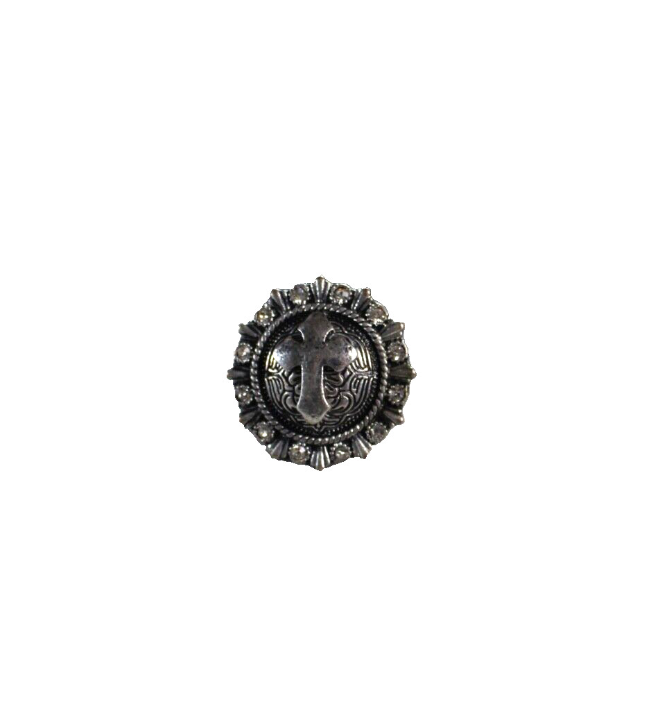Western Womens Ring 1.25 in Cross Stretch Round Crystal Silver Cowgirl Rodeo