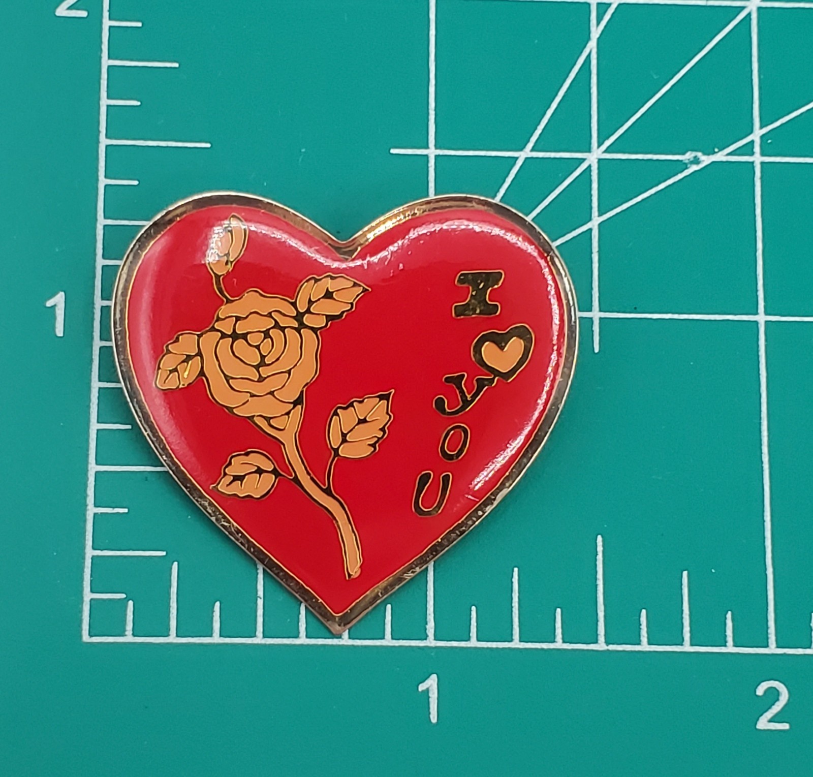 I Heart You Rose Pin 1.25in Red Gold Tone Enamel I Love You VTG Estate Brooch