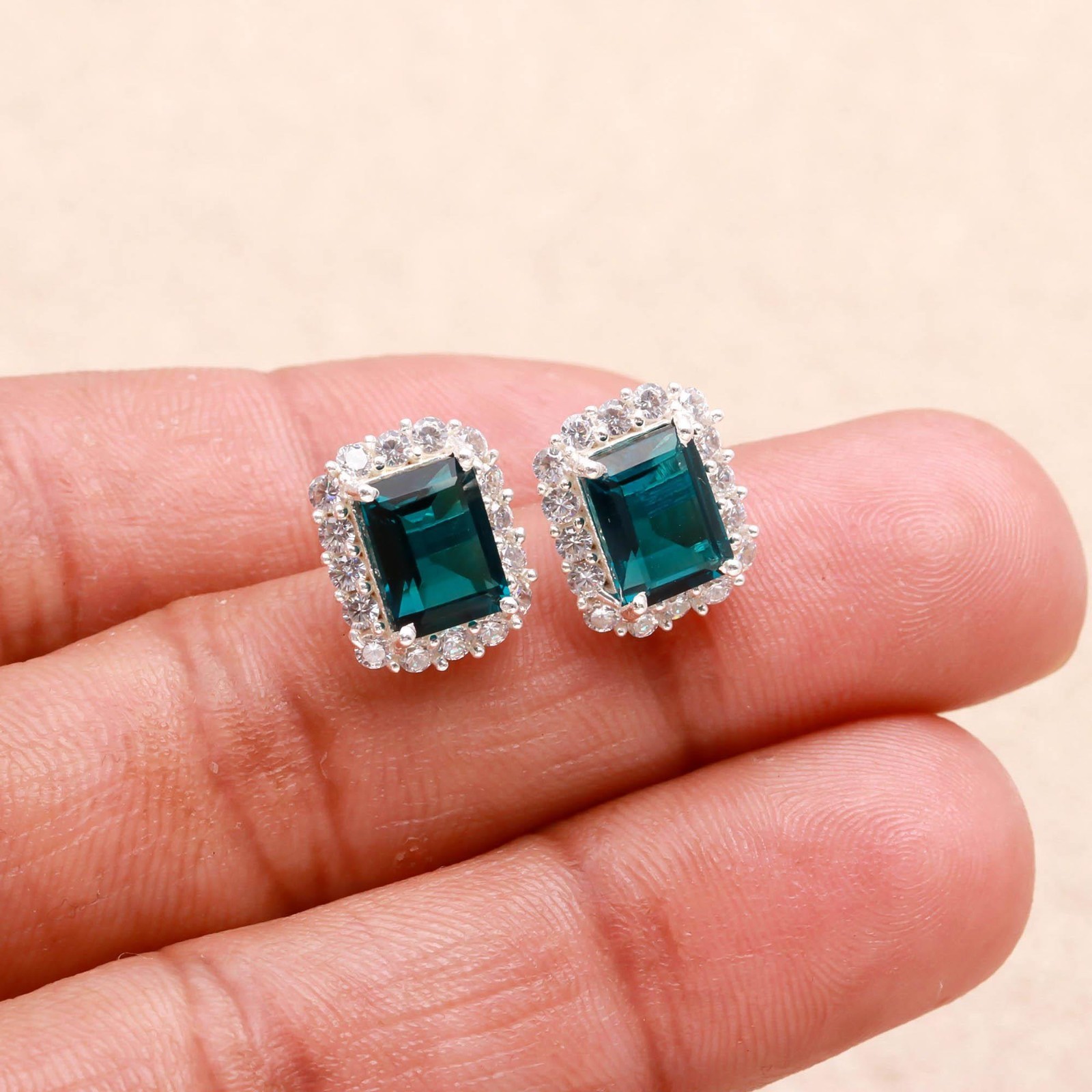 Natural London Blue Topaz Octagon Stud Earrings Solid Silver Moissanite Jewelry
