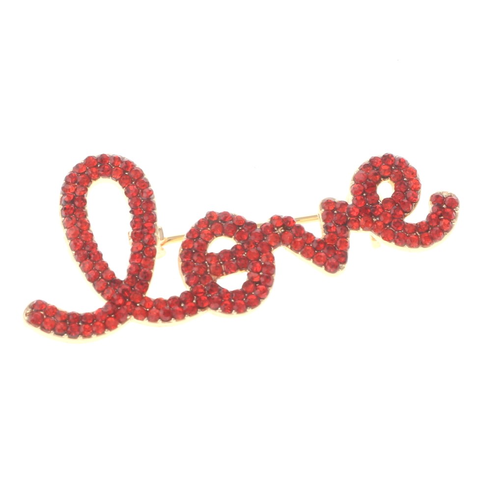Gold Tone Alloy Metal Crystal Rhinestone Love Brooch P1622-RED